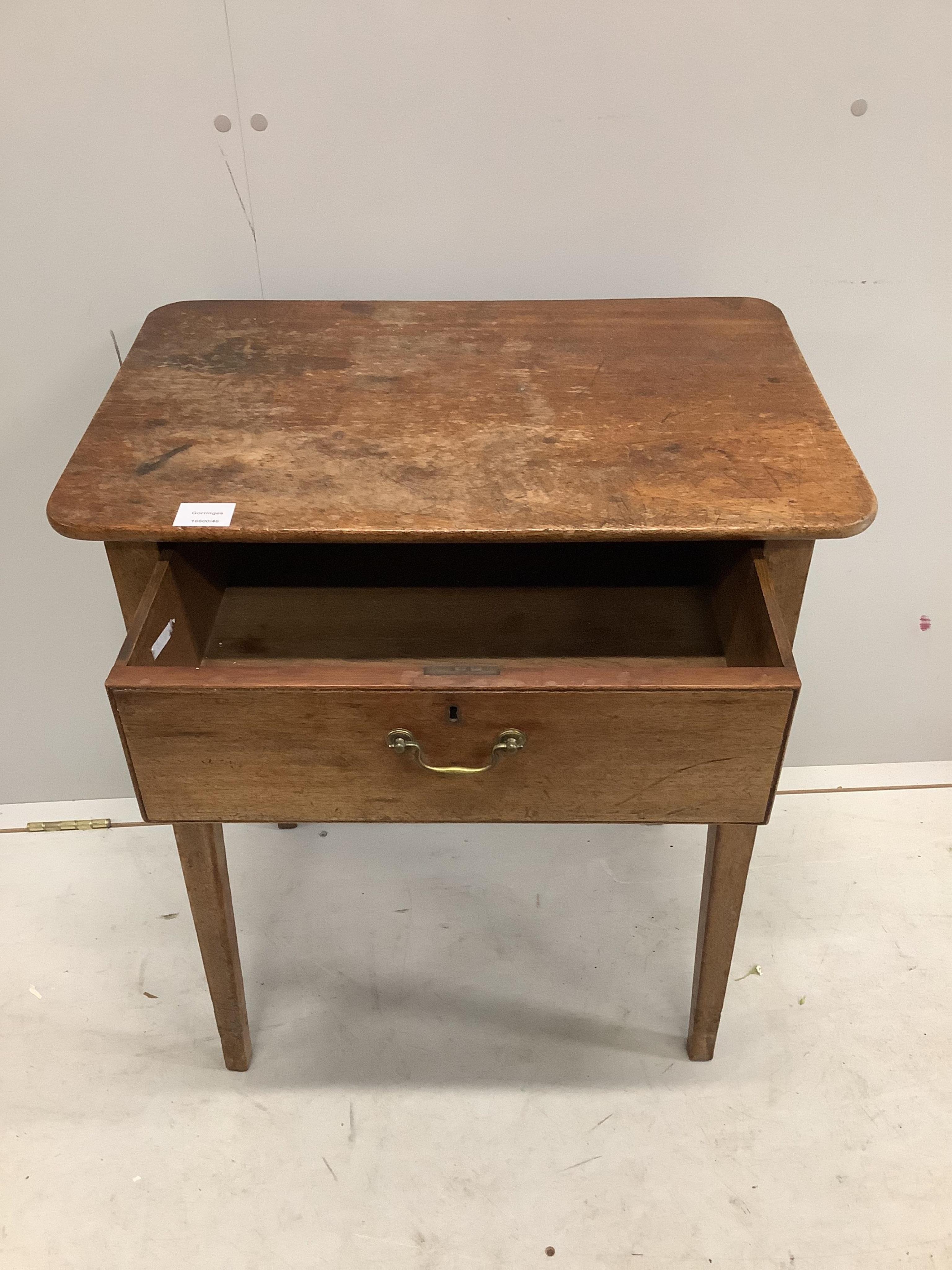 A small George III mahogany side table, width 62cm, depth 42cm, height 73cm. Condition - poor to fair